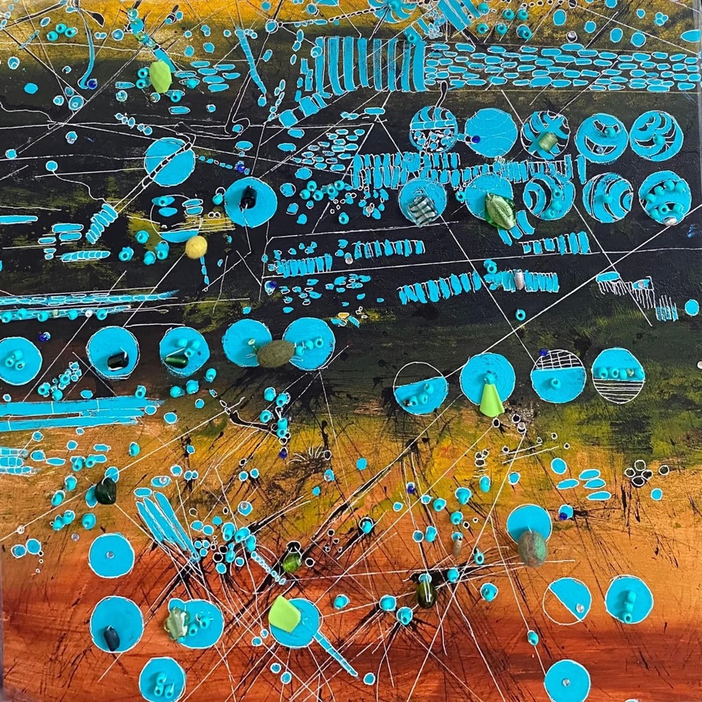 Various paintings water color, mixed media, block print on stretched canvas.